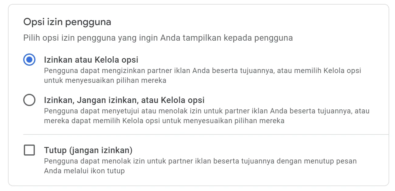 Cara Mengaktifkan Pesan GDPR di Google Adsense 10 Opsi izin pengguna