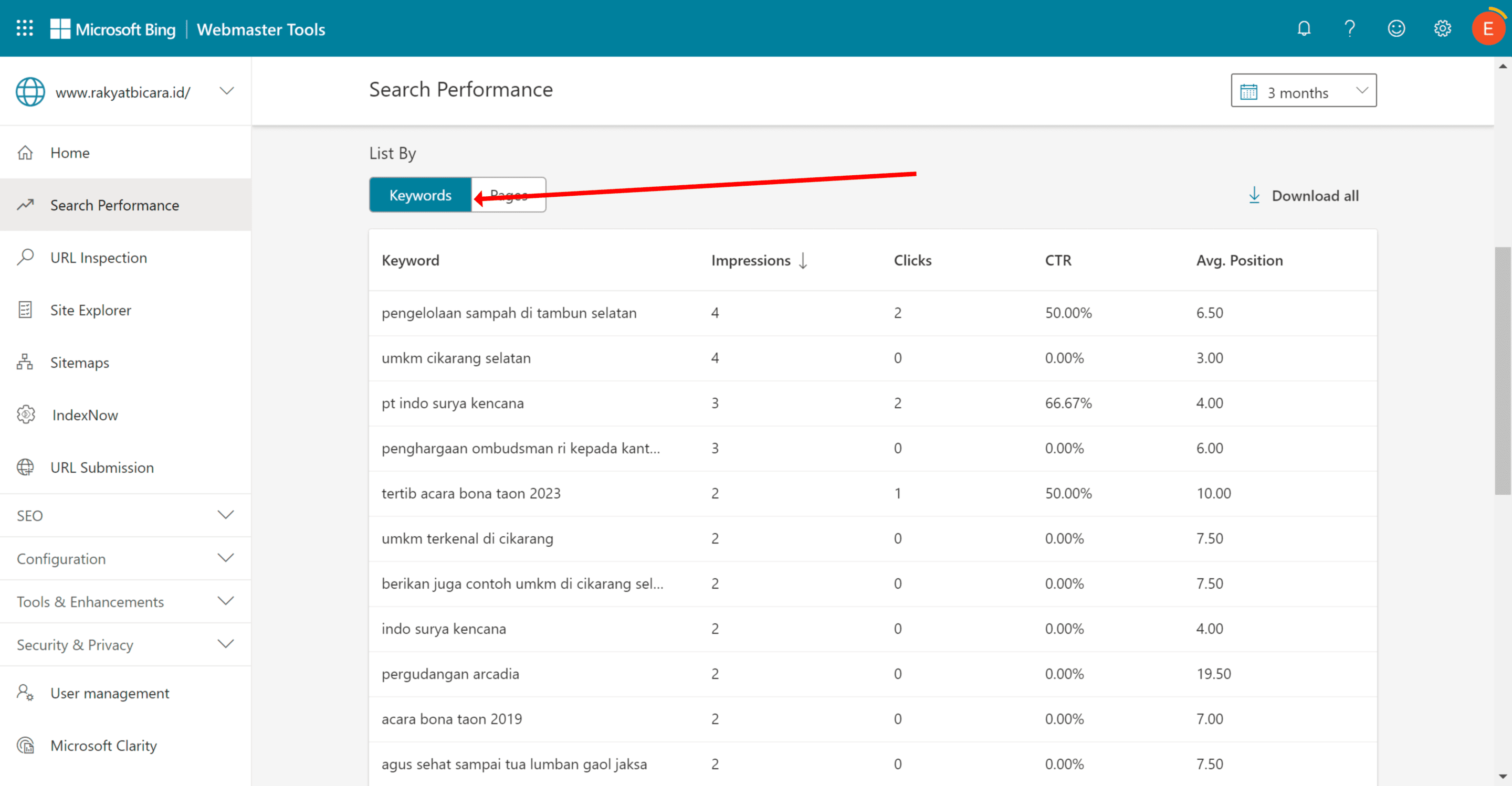 Menu Search Performance Bing WMT keyword