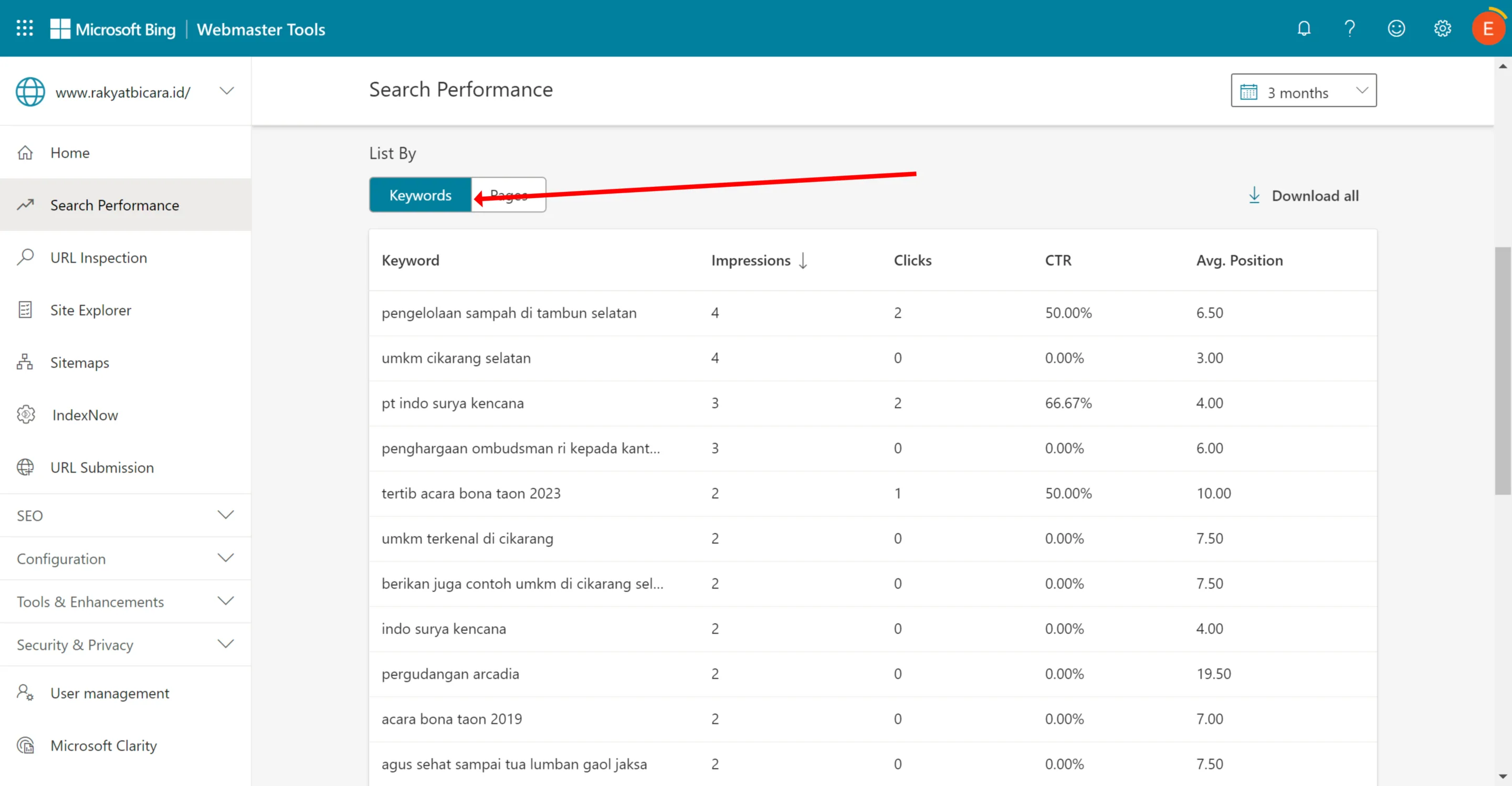 Bing Webmaster Tools: Panduan Lengkap Cara Menggunakannya 14 Menu Search Performance Bing WMT keyword