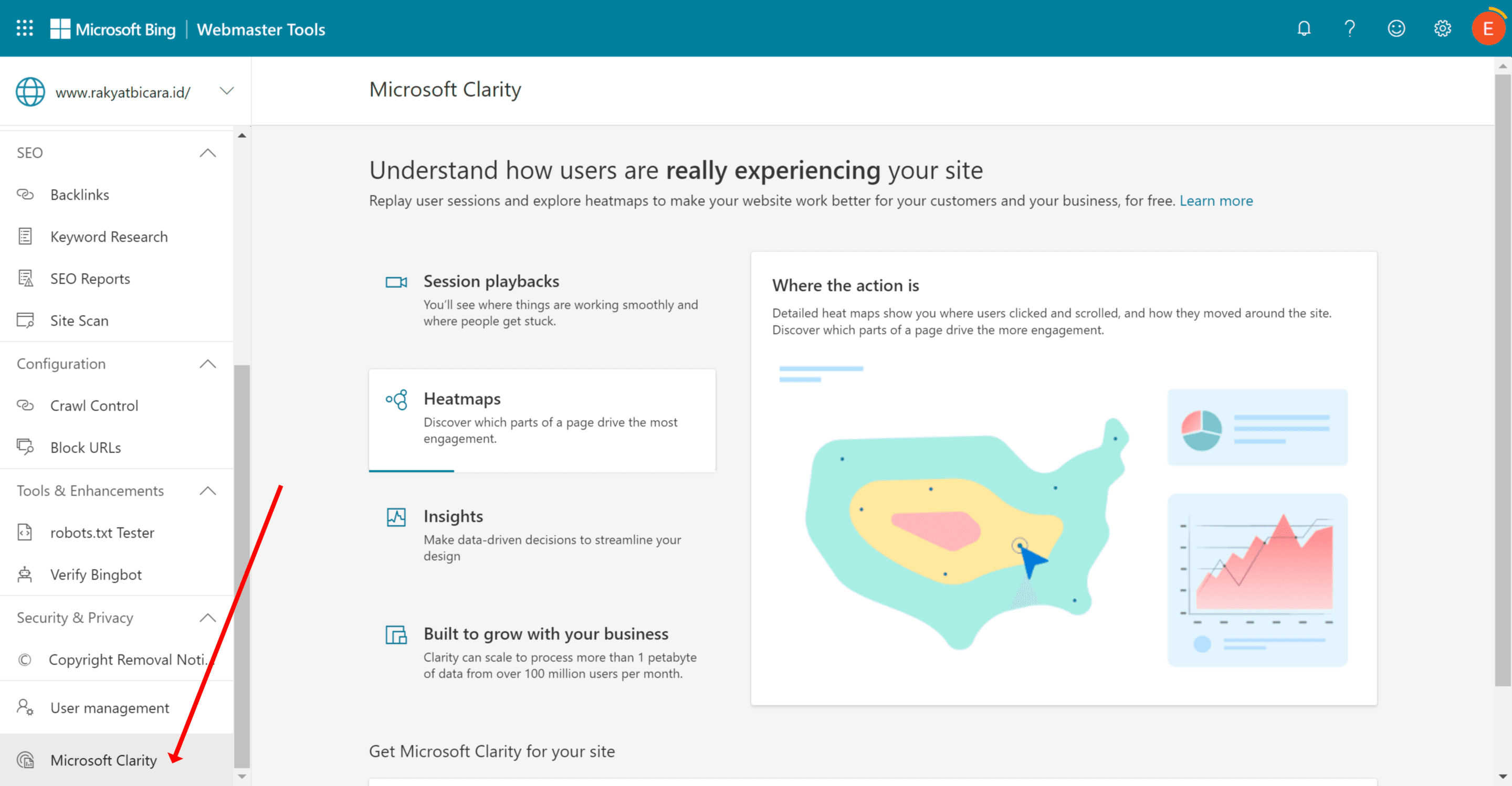 Menu Microsoft Clarity di Bing WMT