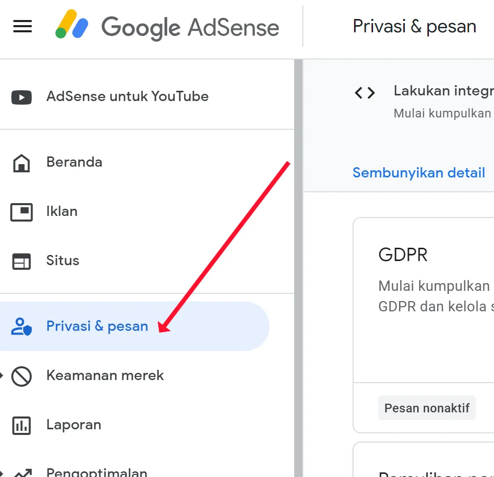 Cara Mengaktifkan Pesan GDPR di Google Adsense 3 Klik Privasi & pesan di google adsense