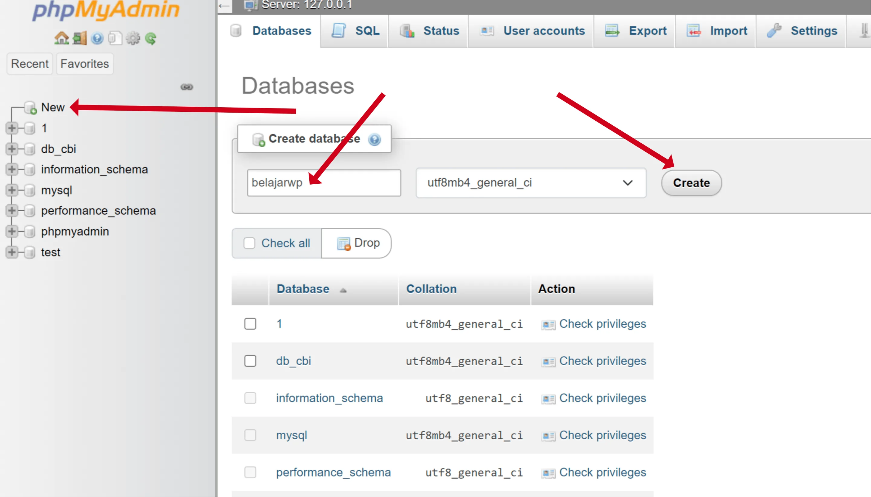 buat database di phpmyadmin