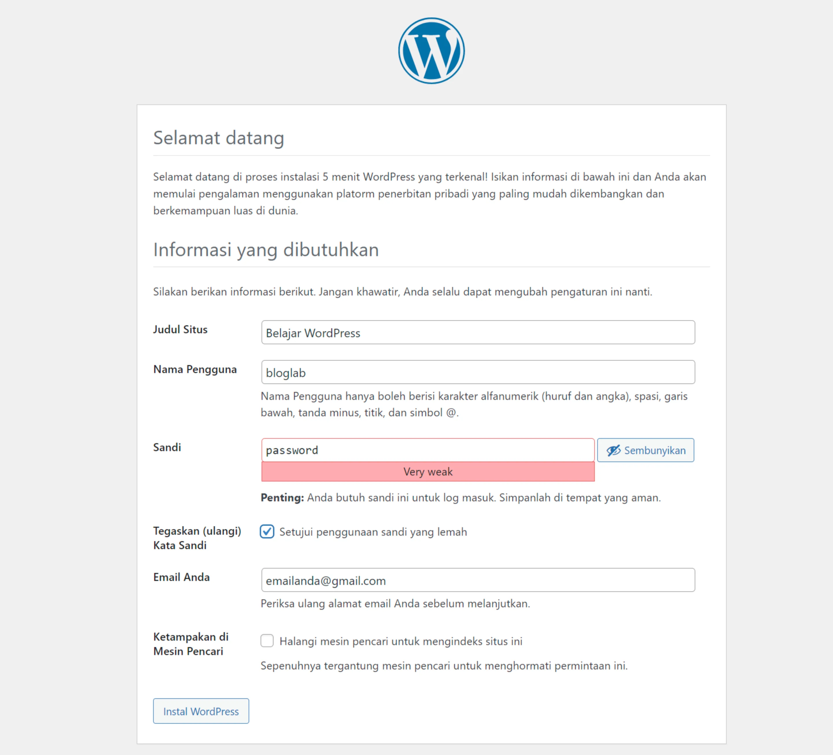 cara install wp di localhost