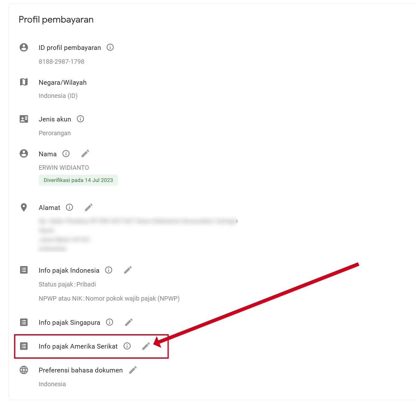 Cara Mengisi Formulir Info Pajak Google AdSense Terbaru 6 Profil pembayaran dan klik Edit