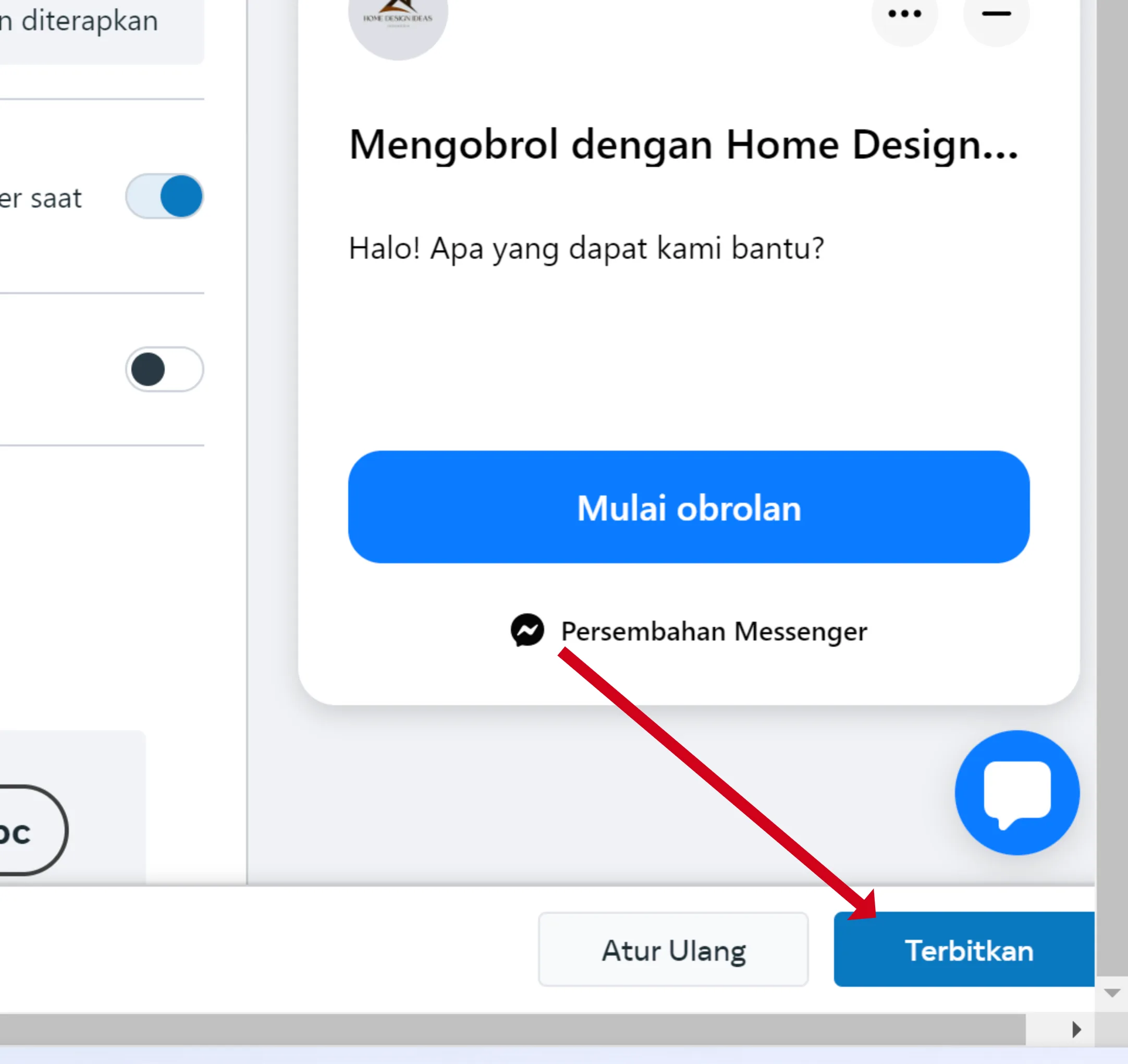 Cara Pasang Facebook Messenger Live Chat di WordPress Tanpa Plugin 5 klik terbitkan untuk Instal Facebook Messenger Live Chat di WordPress