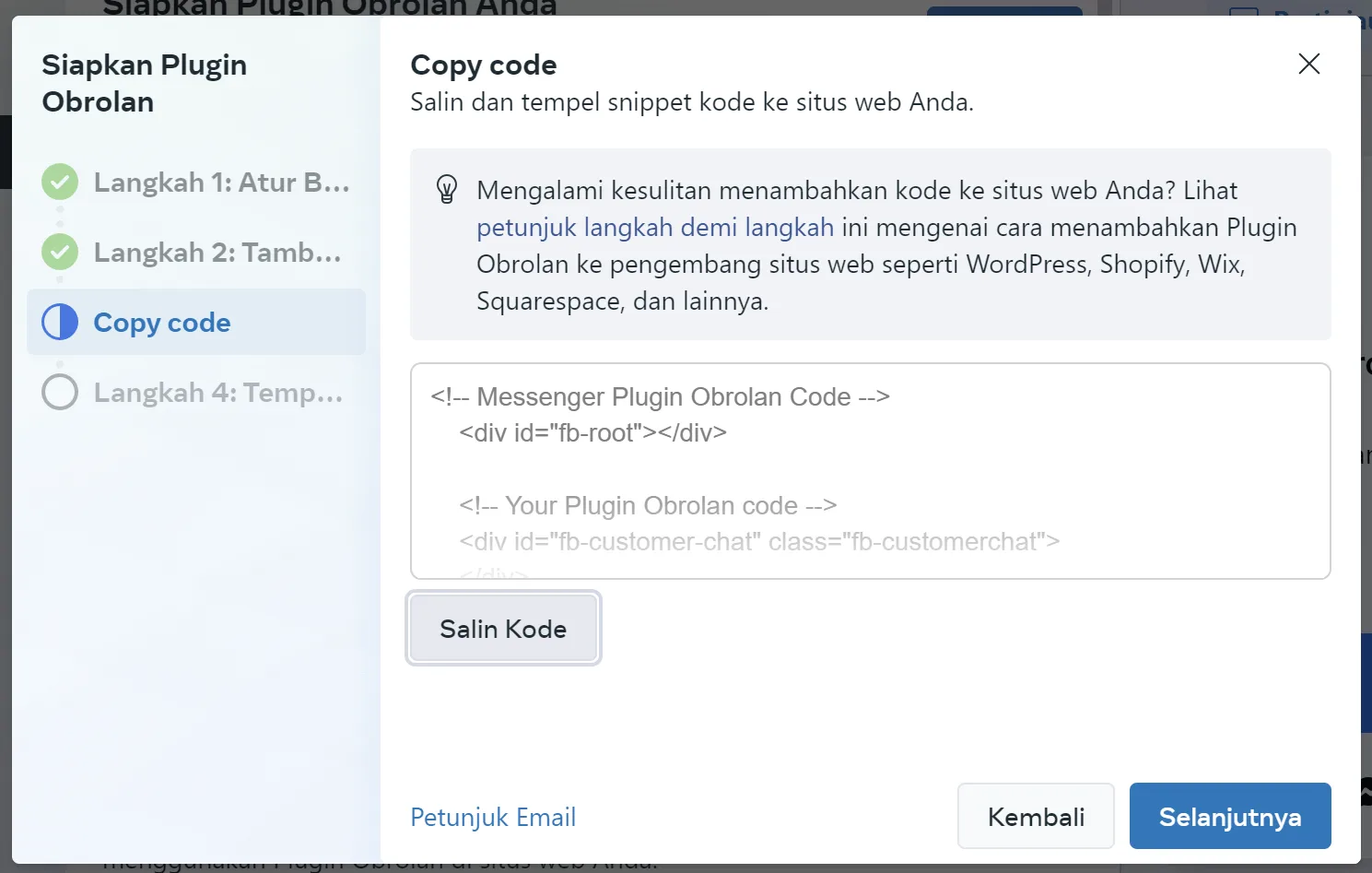 Cara Pasang Facebook Messenger Live Chat di WordPress Tanpa Plugin 10 klik copy kode untuk Instal Facebook Messenger Live Chat di WordPress
