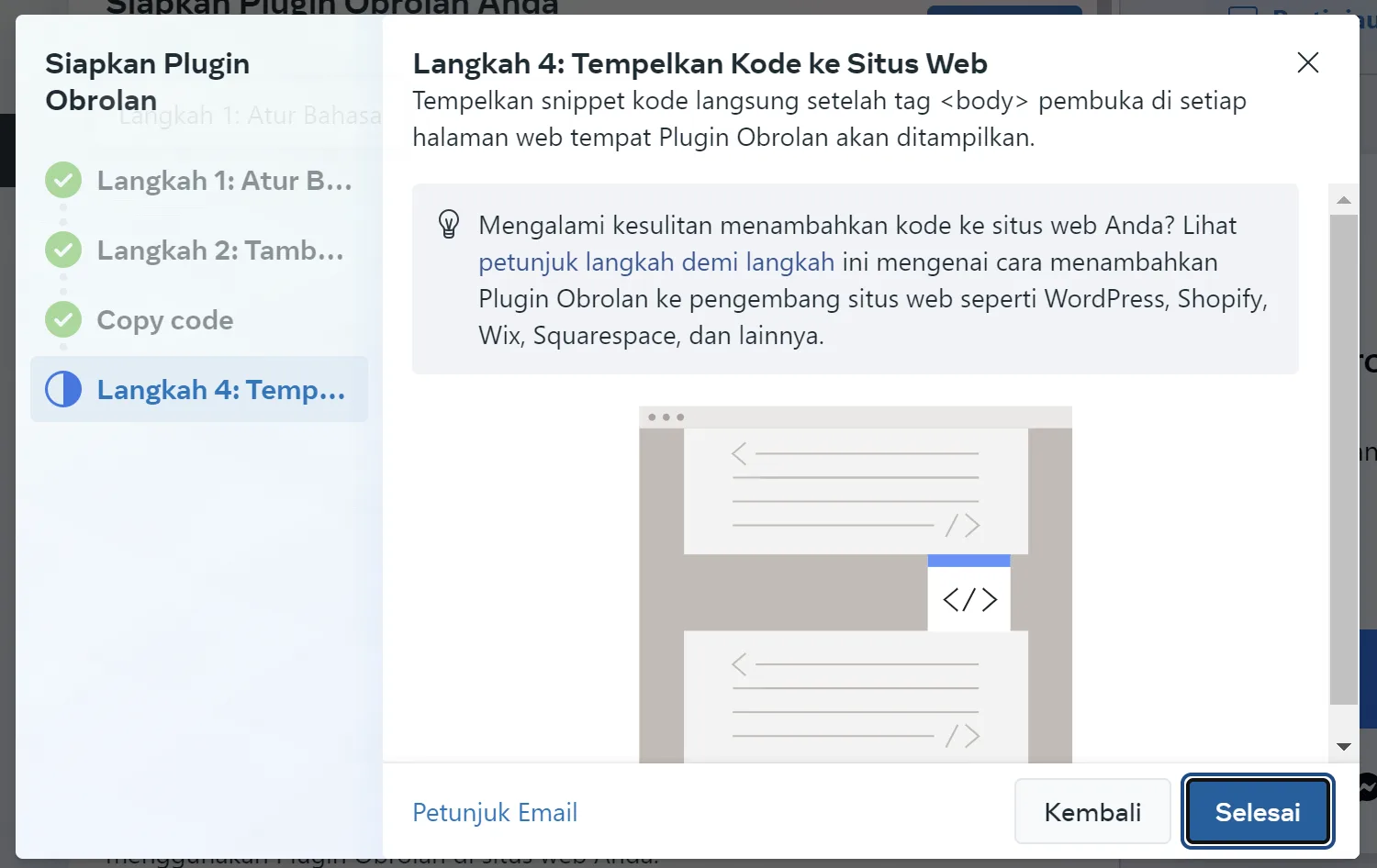 Cara Pasang Facebook Messenger Live Chat di WordPress Tanpa Plugin 11 klik selesai untuk Instal Facebook Messenger Live Chat di WordPress