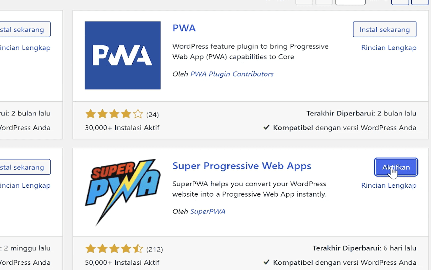 aktifkan plugin Super Progressive Web Apps